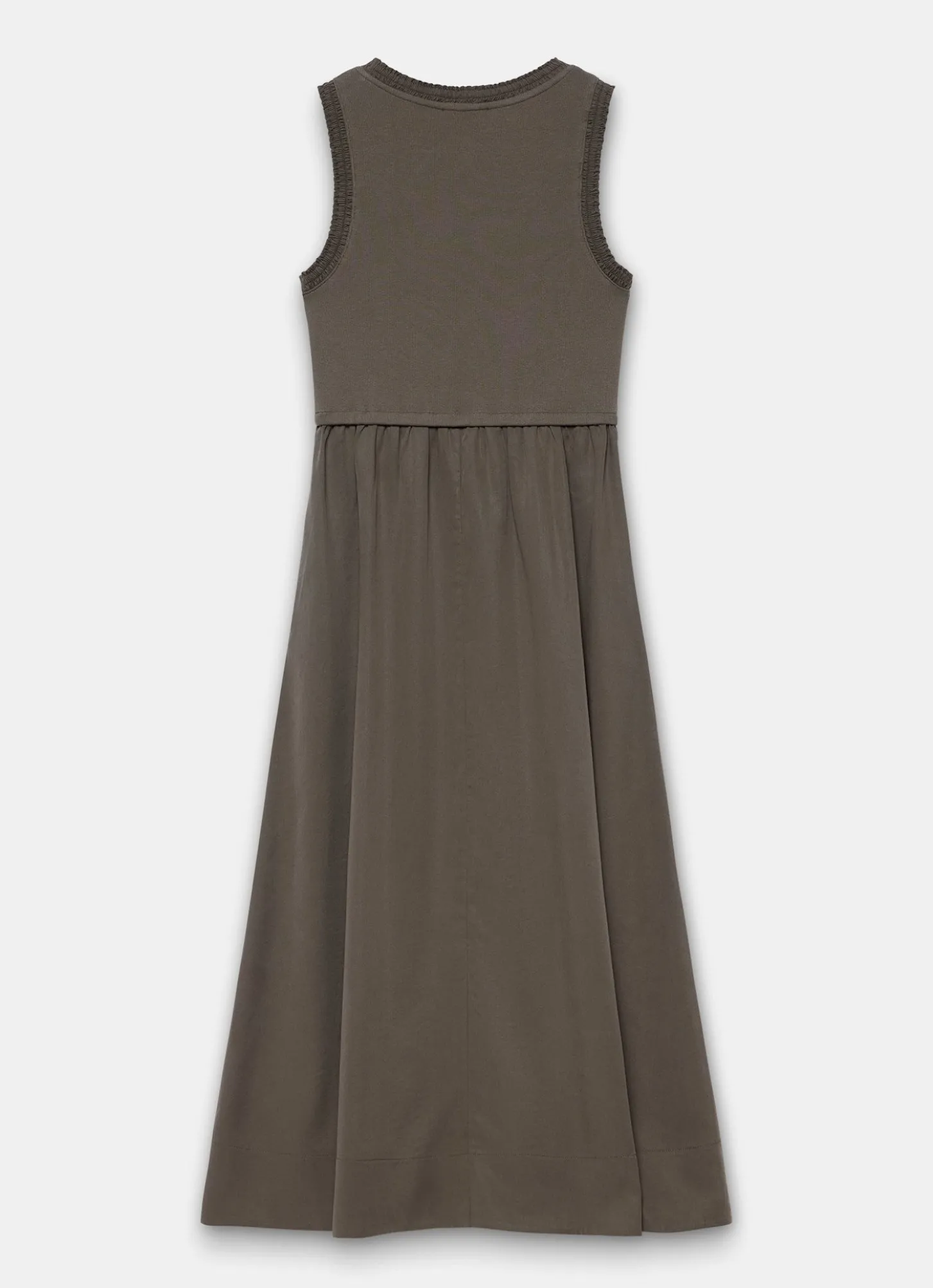 Khaki Ruched Trim Cotton Midi Dress