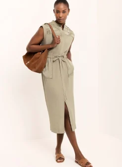 Khaki Satin Utility Midi Dress
