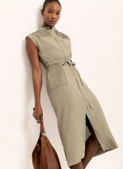 Khaki Satin Utility Midi Dress