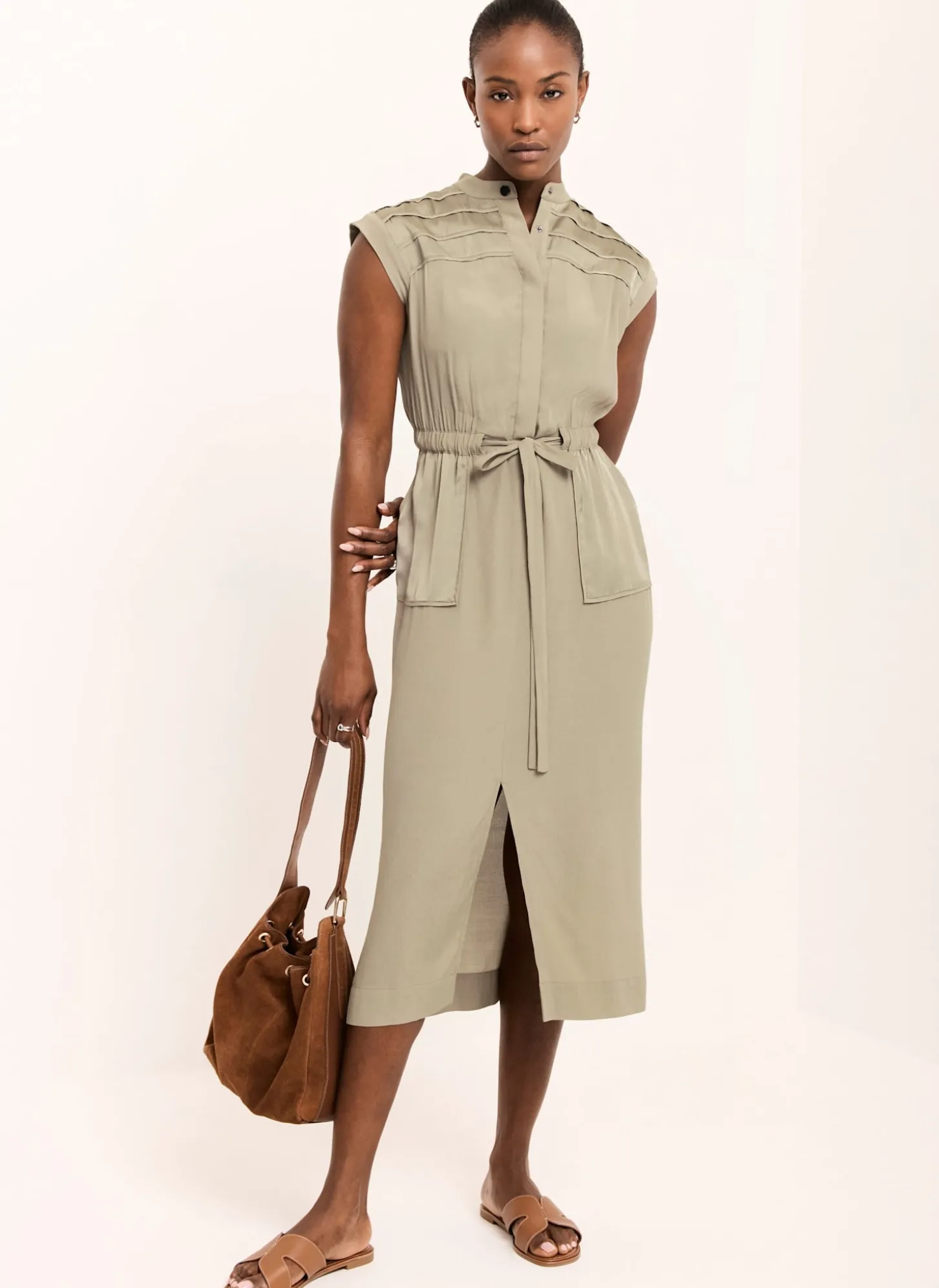 Khaki Satin Utility Midi Dress