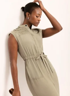 Khaki Satin Utility Midi Dress