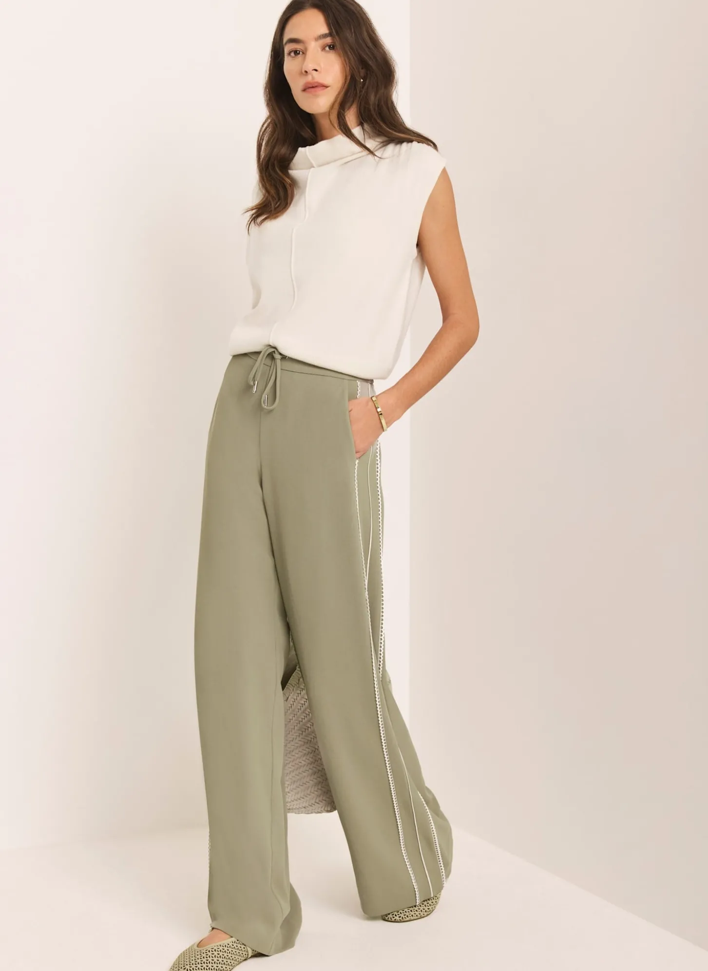 Khaki Scallop Side Stripe Wide Trousers