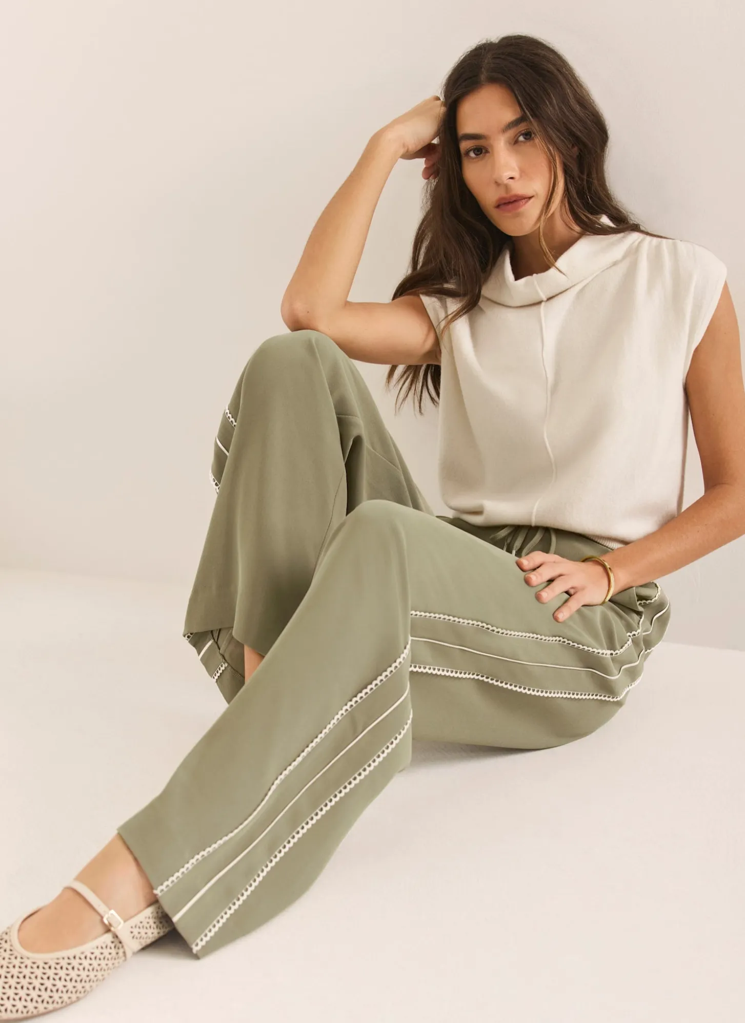 Khaki Scallop Side Stripe Wide Trousers