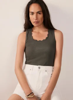 Khaki Scallop Trim Vest Top