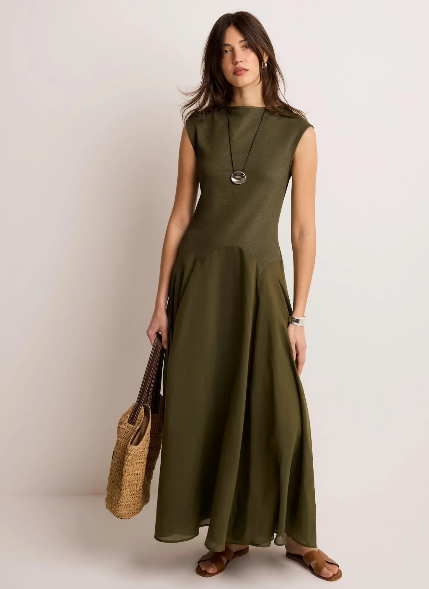 Khaki Sleeveless Midi Dress