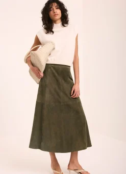 Khaki Suede Midi Skirt
