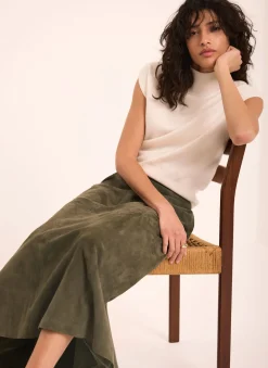 Khaki Suede Midi Skirt