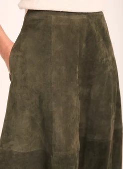 Khaki Suede Midi Skirt