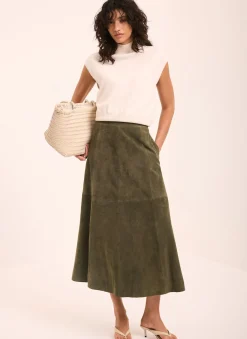 Khaki Suede Midi Skirt