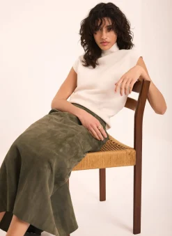 Khaki Suede Midi Skirt