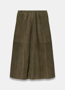 Khaki Suede Midi Skirt