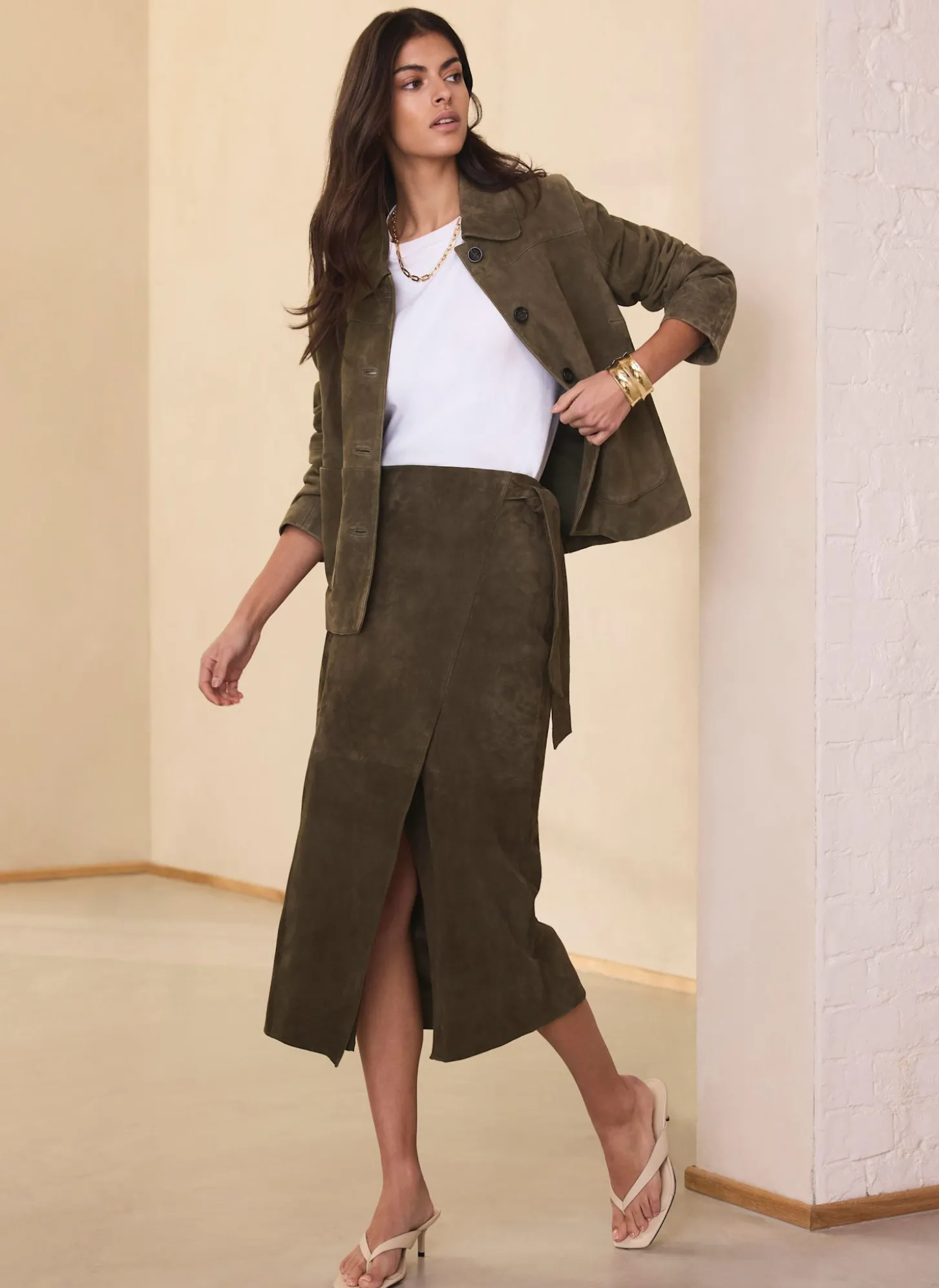 Khaki Suede Midi Skirt