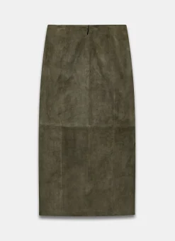 Khaki Suede Midi Skirt