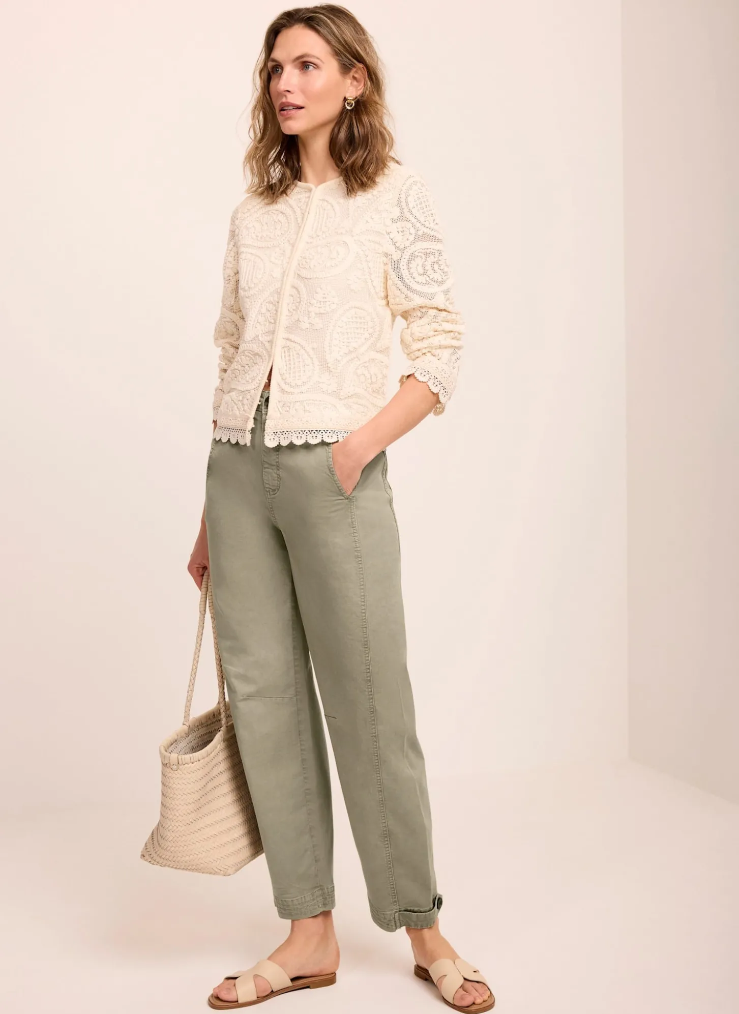 Khaki Washed Barrel Leg Chino Trousers
