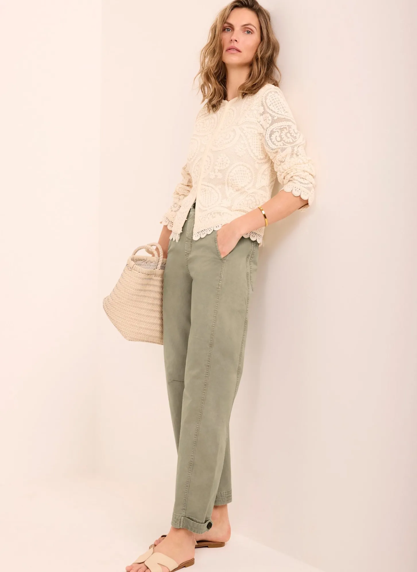 Khaki Washed Barrel Leg Chino Trousers
