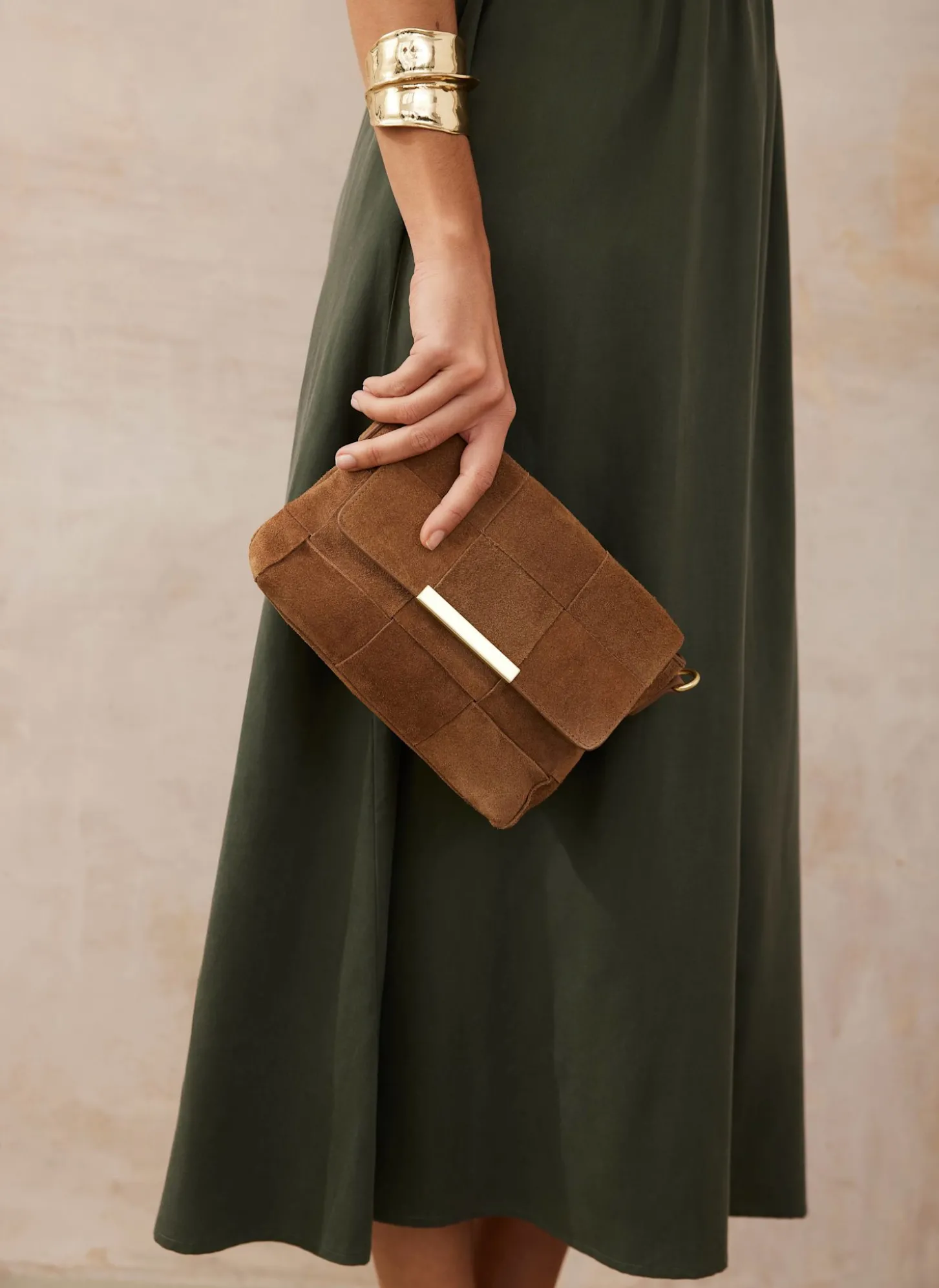 Lara Tan Suede Woven Crossbody Bag