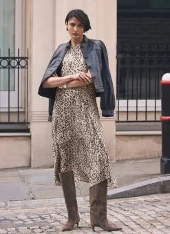 Leopard Print Cap Sleeve Midi Dress