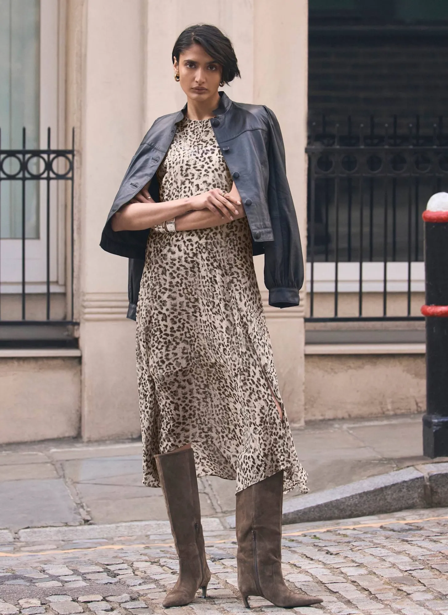 Leopard Print Cap Sleeve Midi Dress