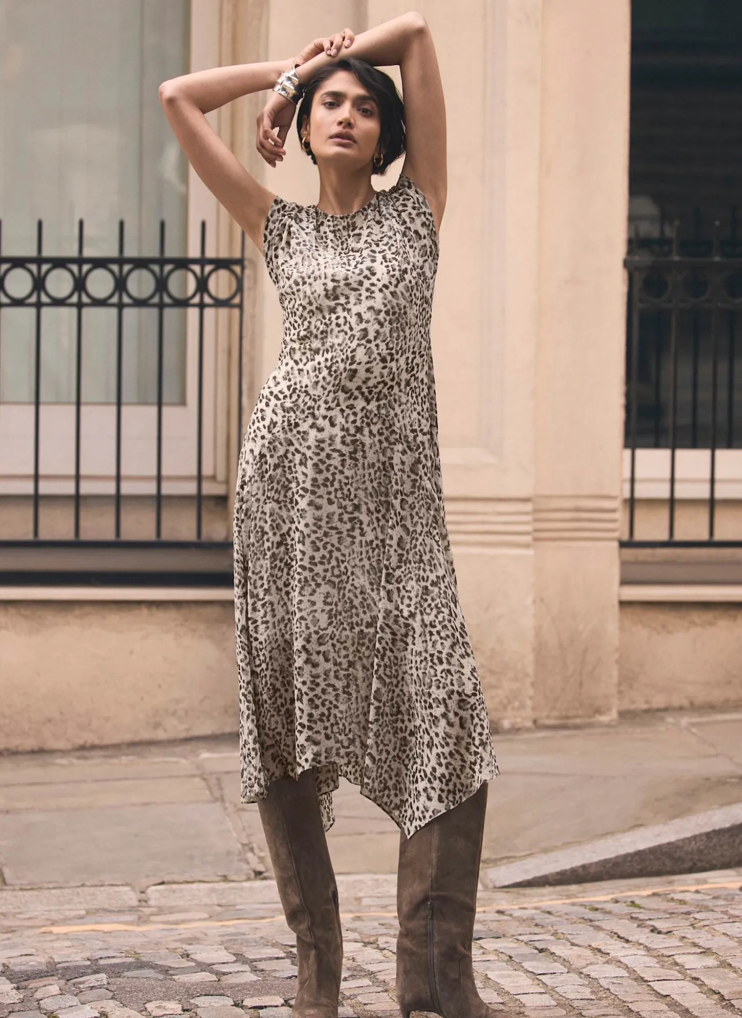 Leopard Print Cap Sleeve Midi Dress