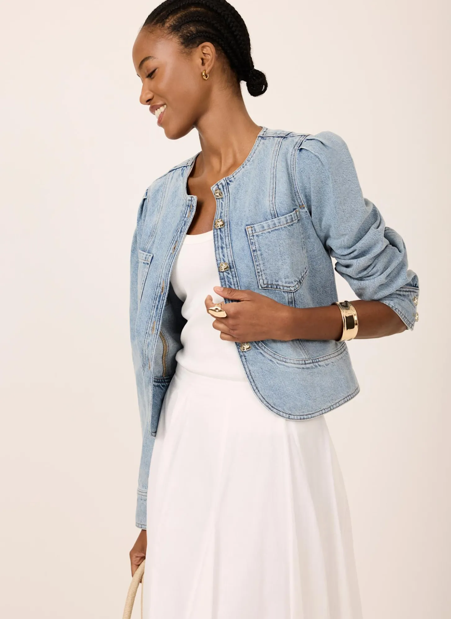 Light Indigo Collarless Denim Jacket