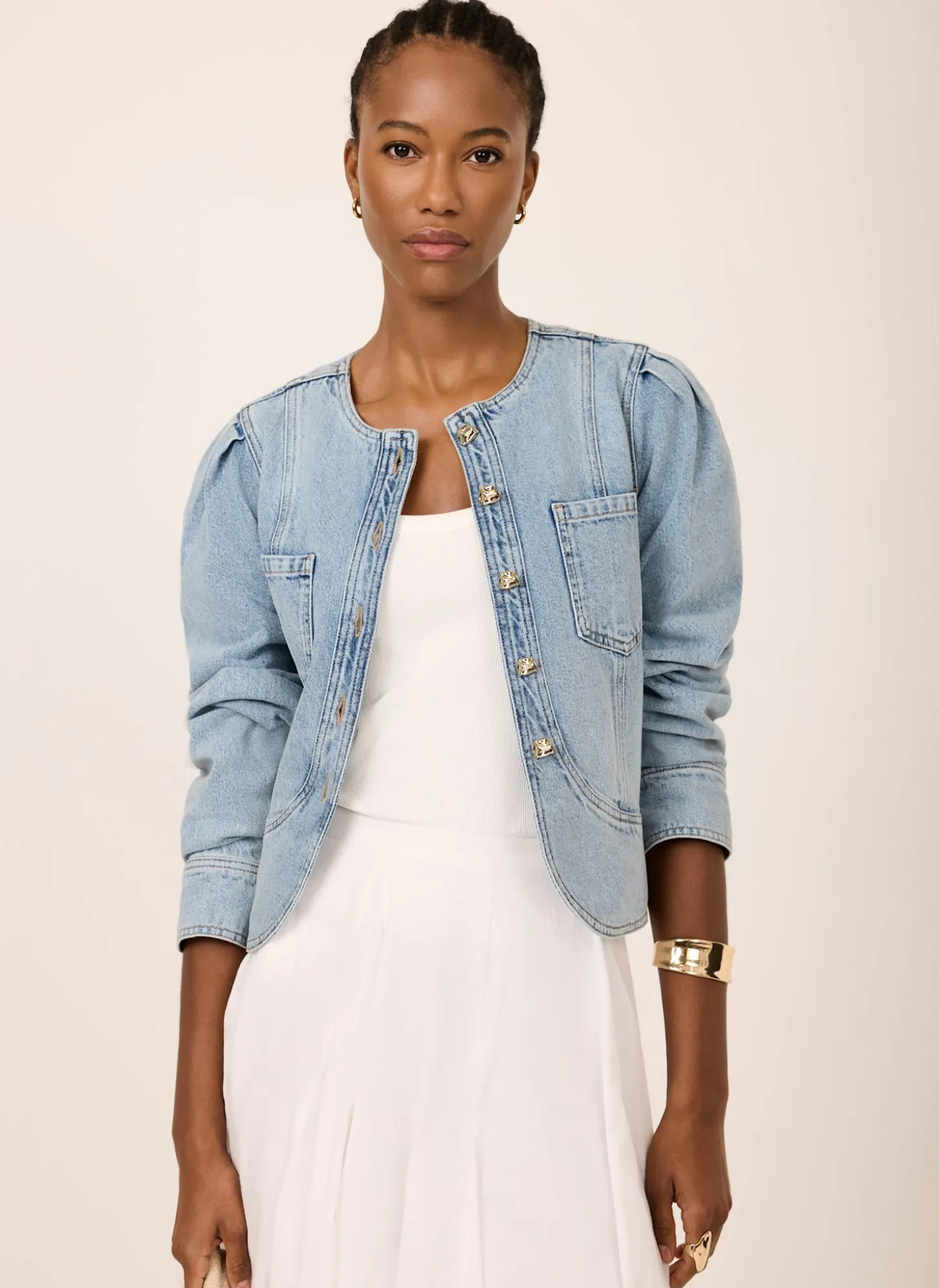 Light Indigo Collarless Denim Jacket