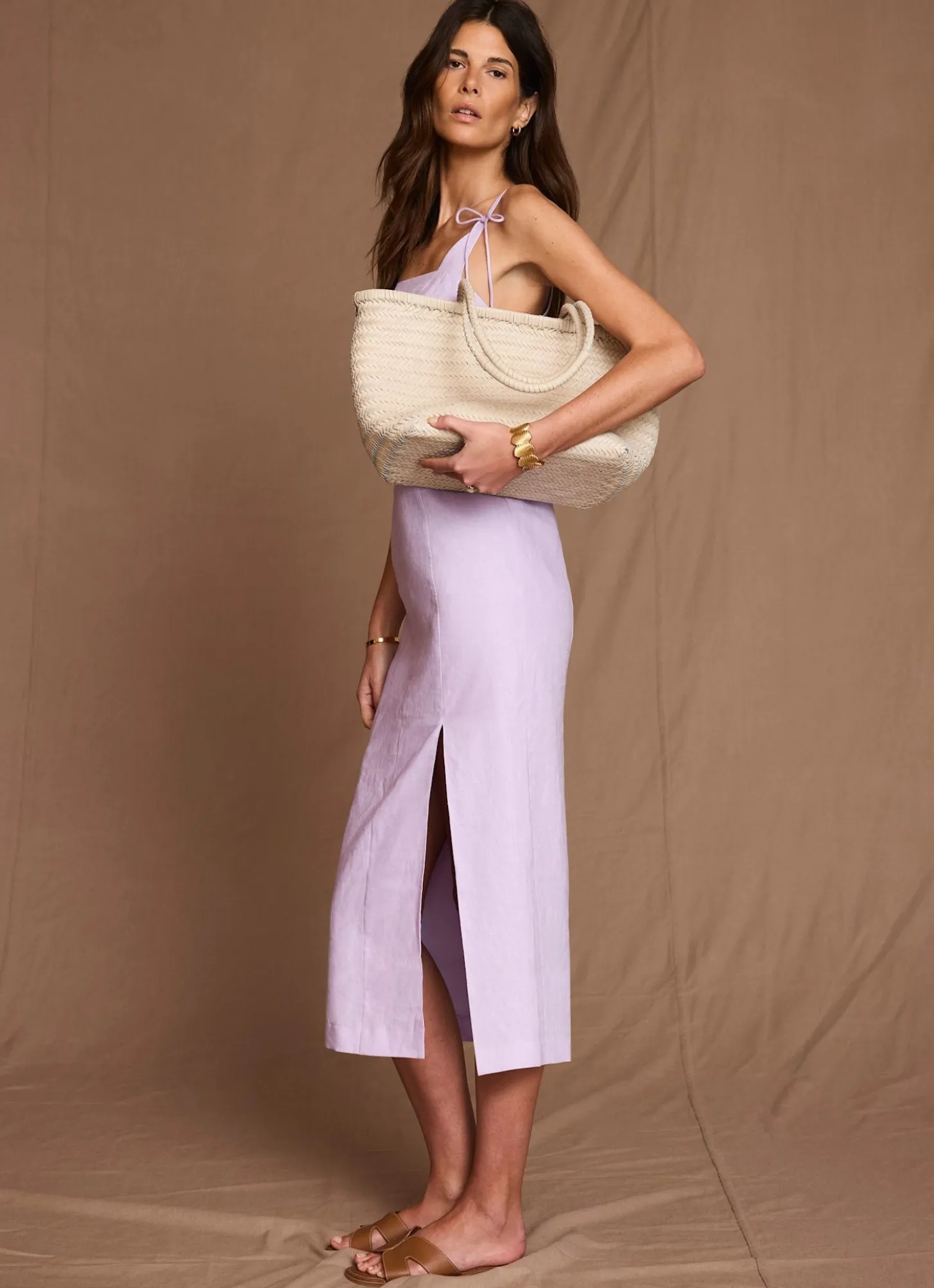 Lilac Linen Bow Detail Midi Dress
