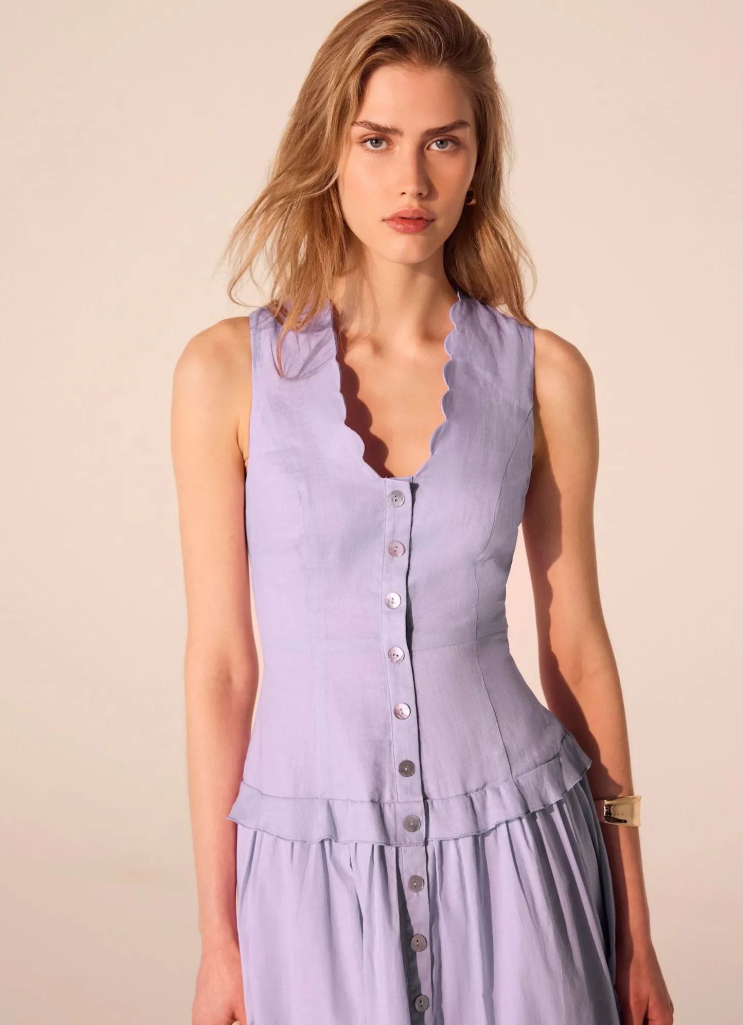 Lilac Ramie Drop Waist Midi Dress