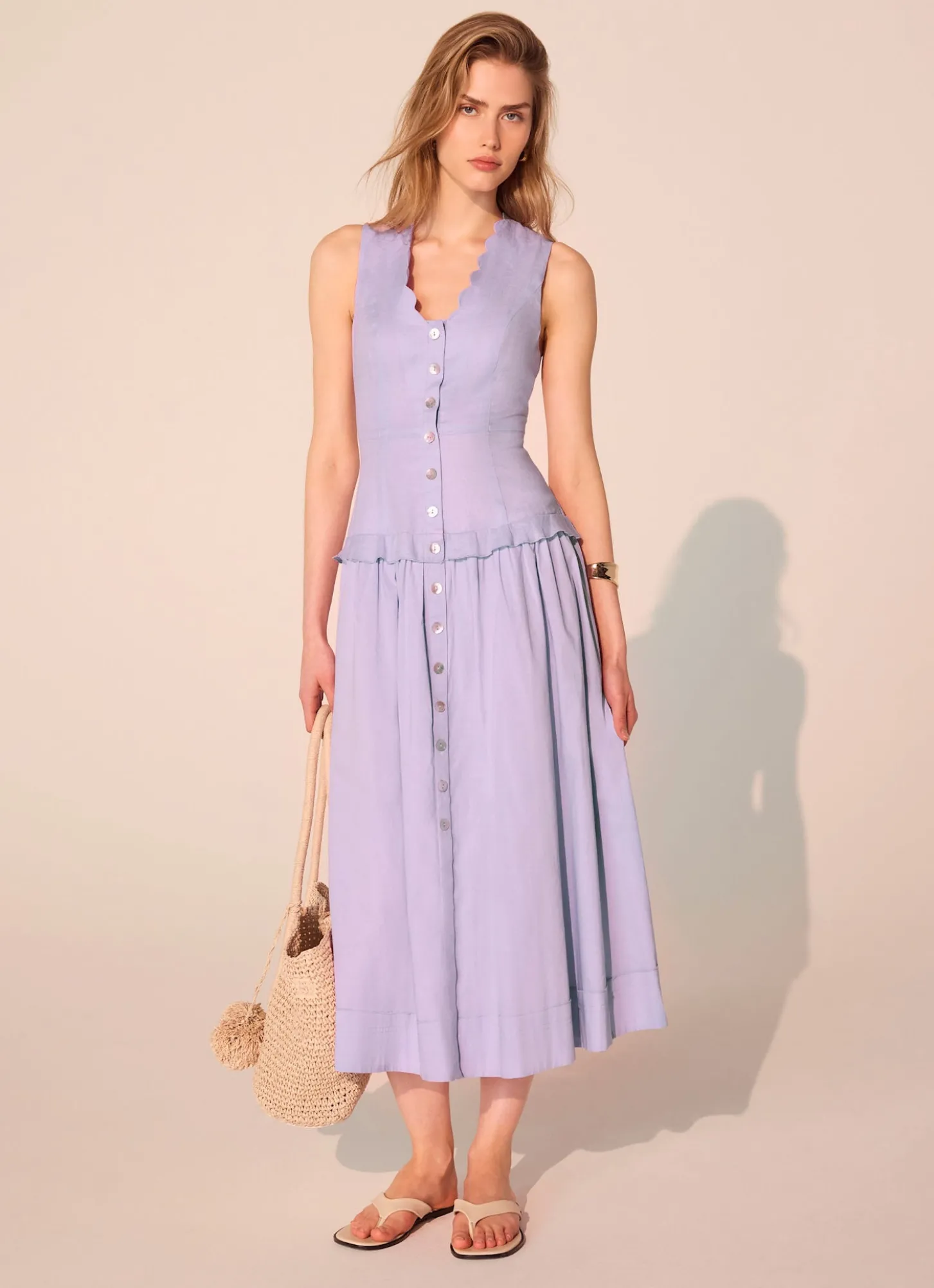 Lilac Ramie Drop Waist Midi Dress
