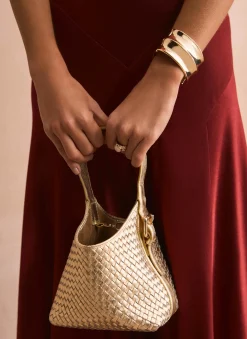Lola Gold Leather Woven Bucket Bag