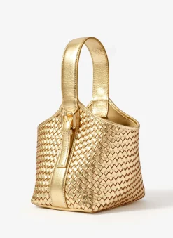 Lola Gold Leather Woven Bucket Bag
