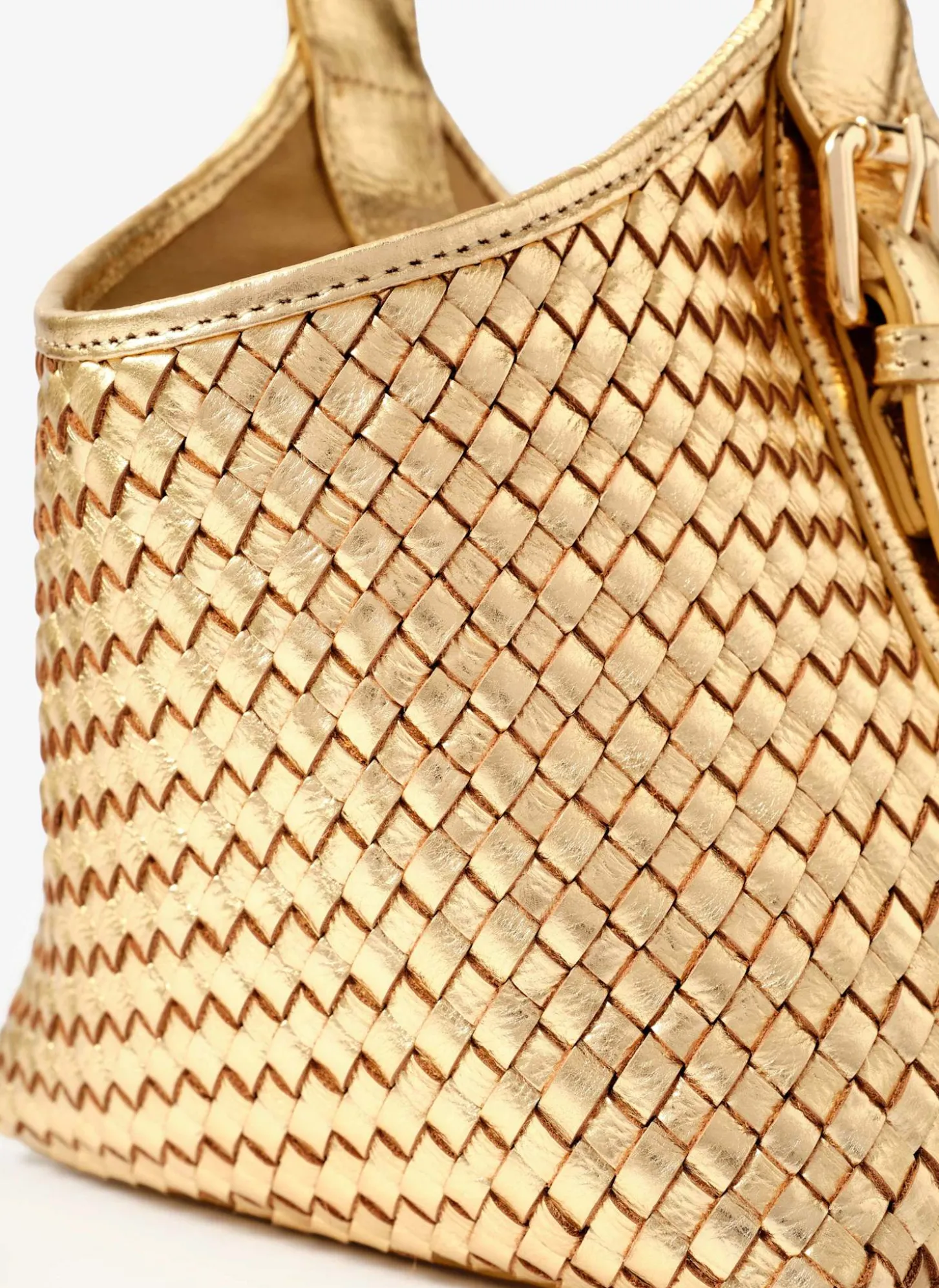 Lola Gold Leather Woven Bucket Bag