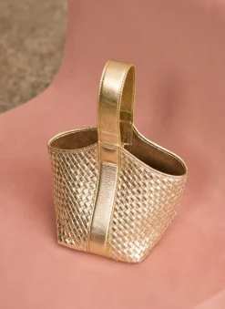 Lola Gold Leather Woven Bucket Bag
