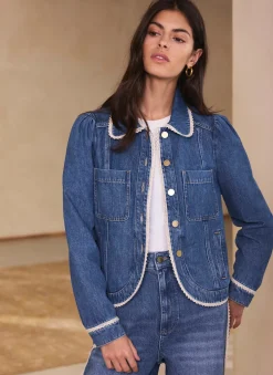 Mid Indigo Crochet Trim Denim Jacket