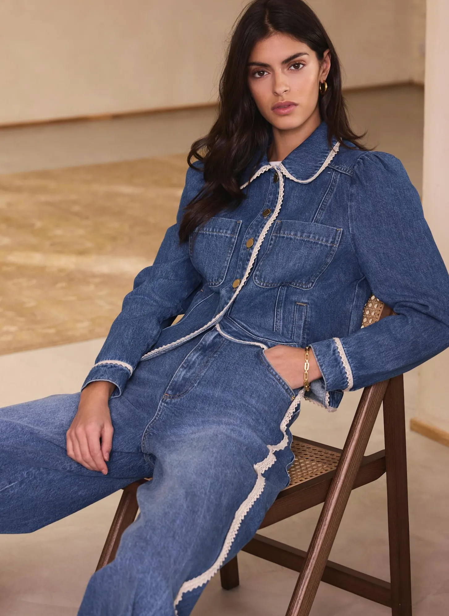 Mid Indigo Crochet Trim Denim Jacket
