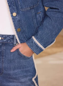 Mid Indigo Crochet Trim Denim Jacket