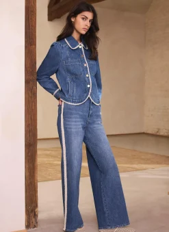 Mid Indigo Crochet Trim Straight Jeans