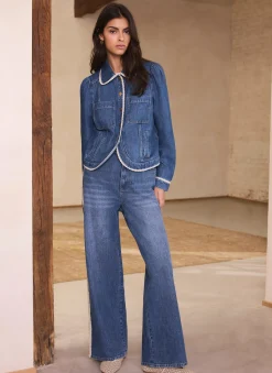 Mid Indigo Crochet Trim Straight Jeans