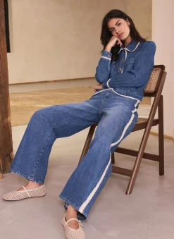 Mid Indigo Crochet Trim Straight Jeans