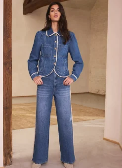 Mid Indigo Crochet Trim Straight Jeans