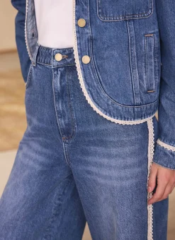 Mid Indigo Crochet Trim Straight Jeans