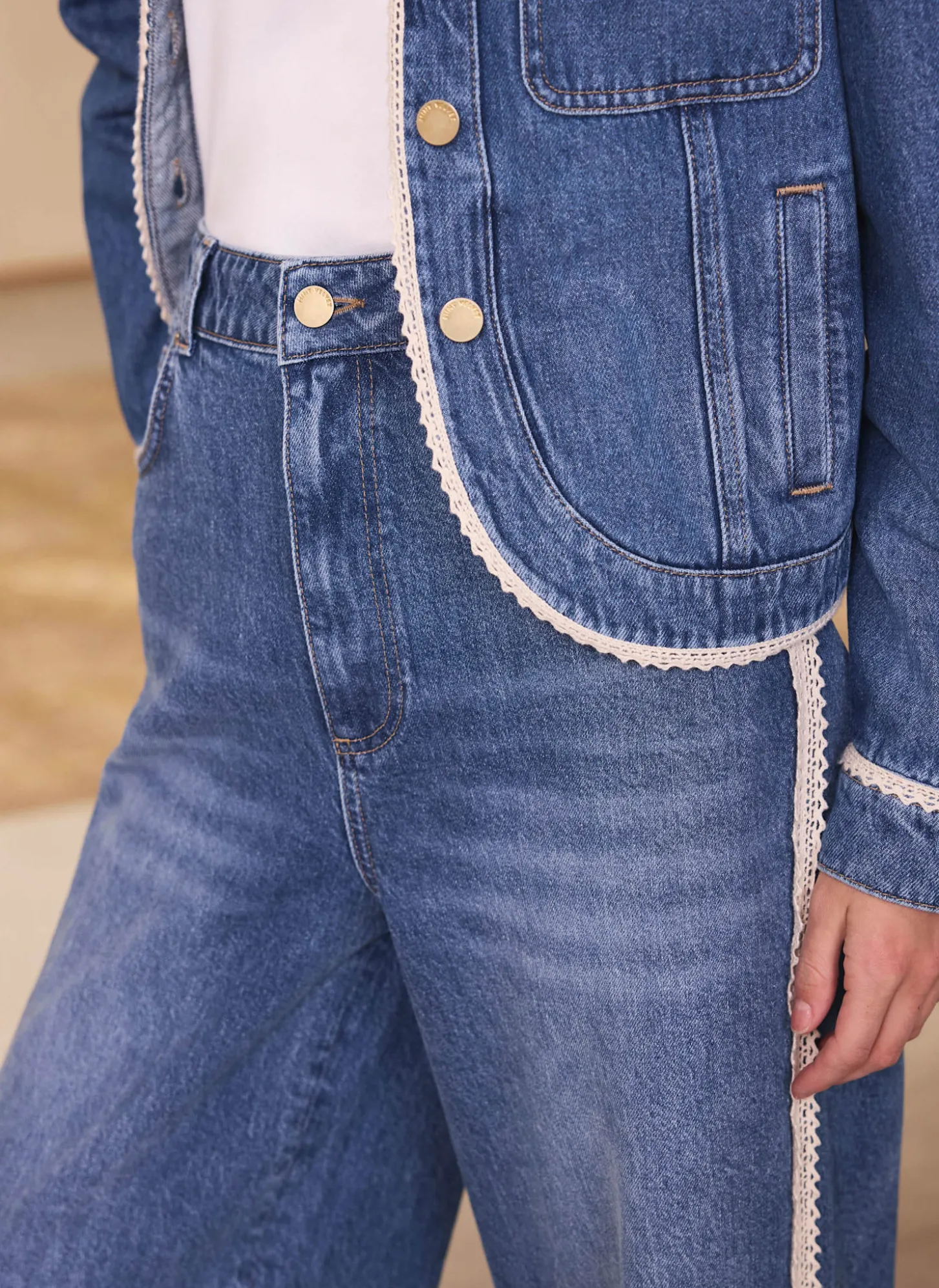 Mid Indigo Crochet Trim Straight Jeans