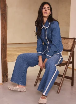 Mid Indigo Crochet Trim Straight Jeans