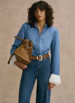 Mid Indigo Denim Contrast Cuff Blouse