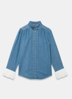 Mid Indigo Denim Contrast Cuff Blouse