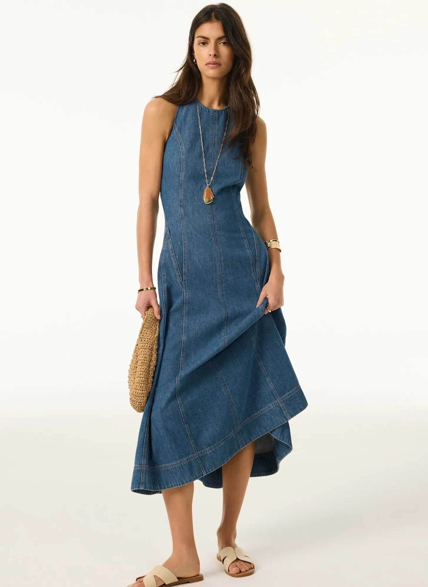 Mid Indigo Denim Halter Midi Dress