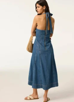Mid Indigo Denim Halter Midi Dress