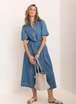 Mid Indigo Denim Twist Midi Dress