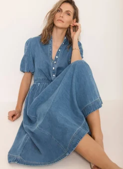 Mid Indigo Denim Twist Midi Dress