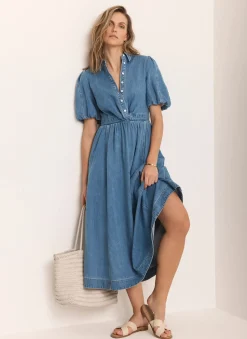 Mid Indigo Denim Twist Midi Dress