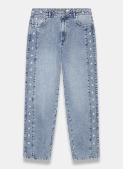 Mid Indigo Floral Embroidered Tapered Jeans